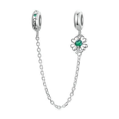 925 Sterling Silver Safety Chain Charm – Heart, Key & Flower CZ Stopper Bead