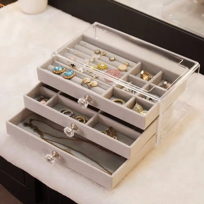 3-Layer Flannel Jewelry Box with Drawers – Earrings, Necklaces & Rings Organizer