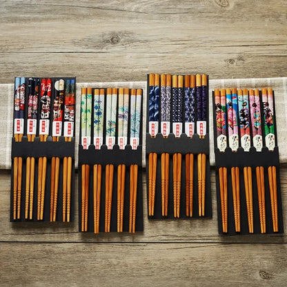5-Pair Cute Multi-Color Bamboo Chopsticks Set – Non-Slip Household Wooden Tableware