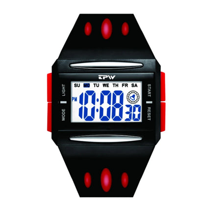 Digital watch with black and red design on a white background