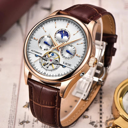 LIGE Tourbillon Automatic Mechanical Watch – 50M Waterproof, Date & Week Display