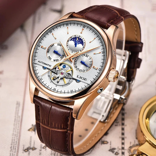 New LIGE Tourbillon Watches 50M Waterproof Men Mechanical Watches Automatic Wrist Watches Date Week Clock Gift Relogio Masculino