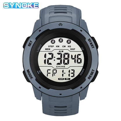 Digital watch with gray strap and black display on a white background, featuring the brand 'SYNOKE'.