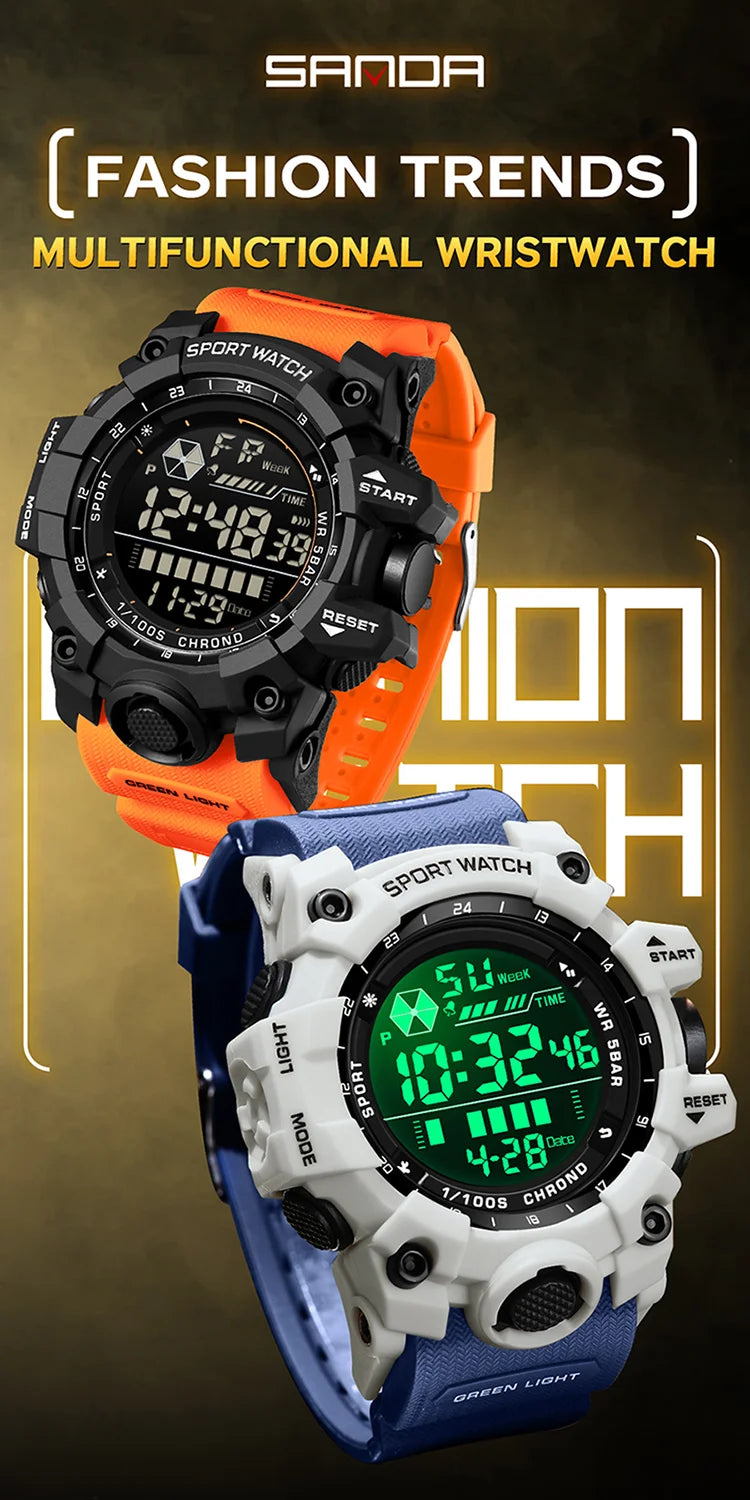 Multifunctional wristwatch with digital display on a dark background, featuring the brand 'SANDA'.