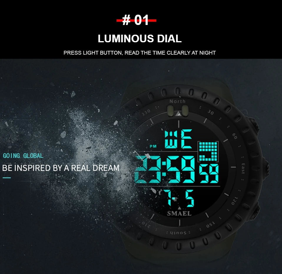 Digital watch with a luminous dial on a dark background