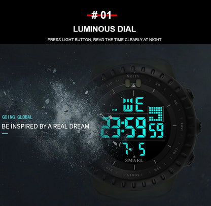 Digital watch with a luminous dial on a dark background