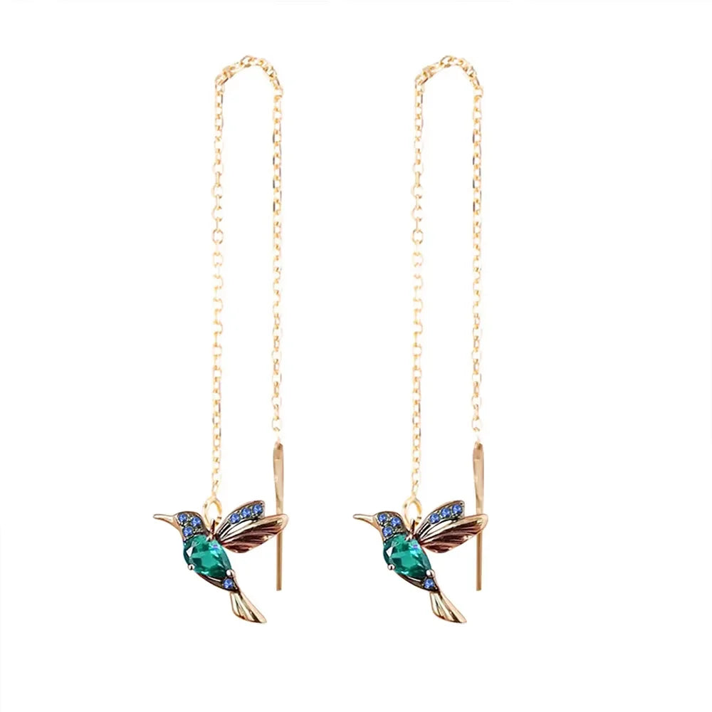Hummingbird CZ Drop Earrings – Gold Color Zinc Alloy Long Dangle Earrings for Women