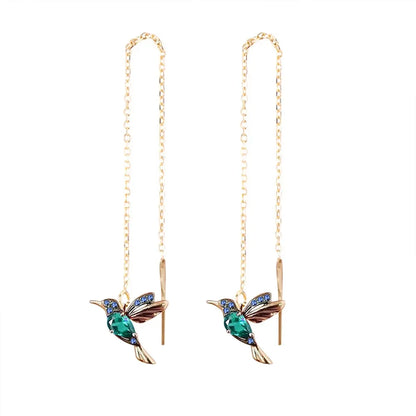 Hummingbird CZ Drop Earrings – Gold Color Zinc Alloy Long Dangle Earrings for Women