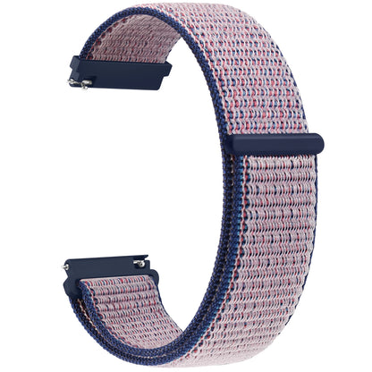 Woven watch strap with pink and blue pattern on a white background