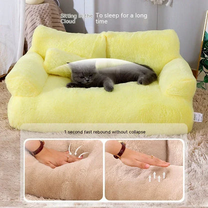 Yellow pet bed with a cat inside, labeled 'Sitting in the To sleep for a long time Cloud'.