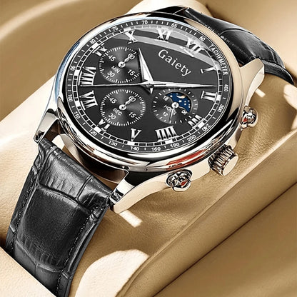 Luxury watch with black leather strap and detailed face on beige surface