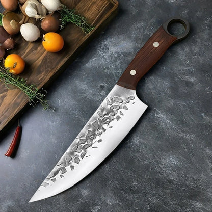 8-Inch Hammer Forged Japanese Chef Knife – Solid Wood Handle Culinary Tool
