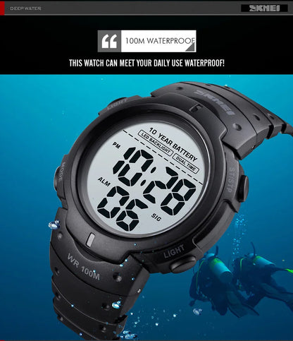 Men's Outdoor Digital Watch – 100M Waterproof, LED, 10-Year Battery, Alarm & Date Display