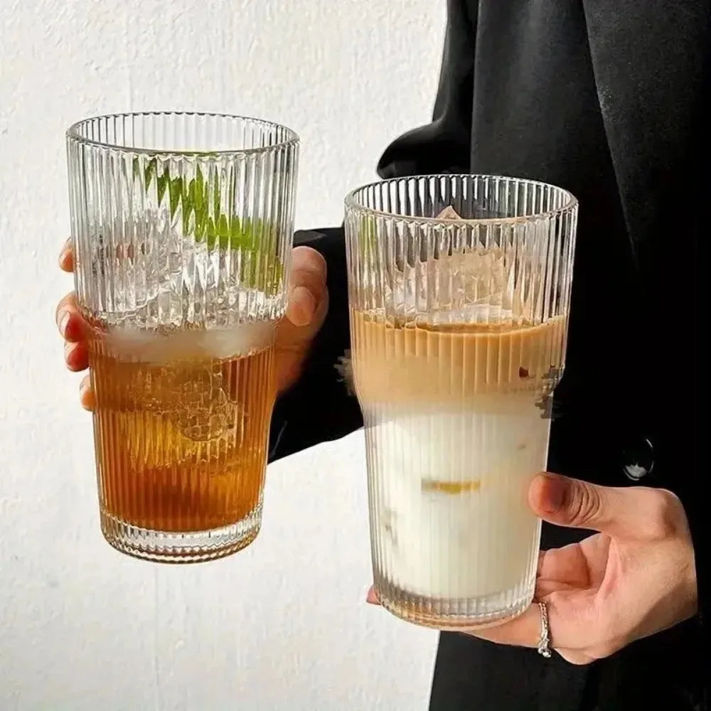 600ML Stripe Glass Cup with Lid & Straw – Transparent Juice Iced Coffee Mug
