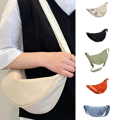 Person wearing a beige crossbody bag with color options displayed on the right.
