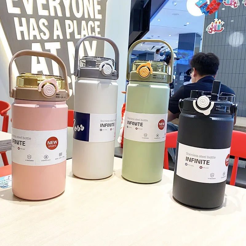1L Stainless Steel Thermal Bottle with Straw – Vacuum Flask Hot & Cold Fitness Tumbler