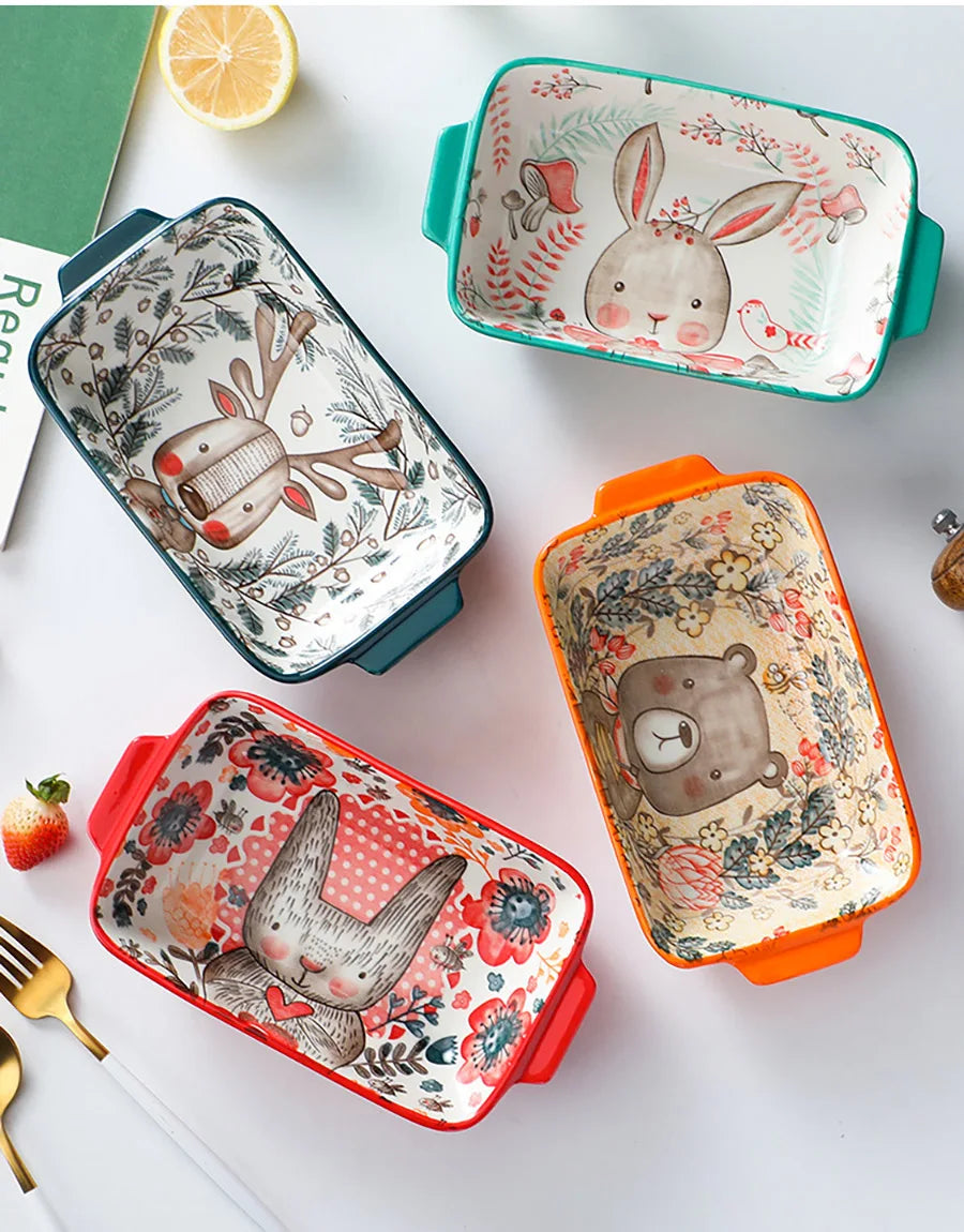 Ceramic Bakeware With Handle Forest Animals Baking Pan  Underglaze  Kitchen Tableware Salad Bowl Au Gratin Dishes