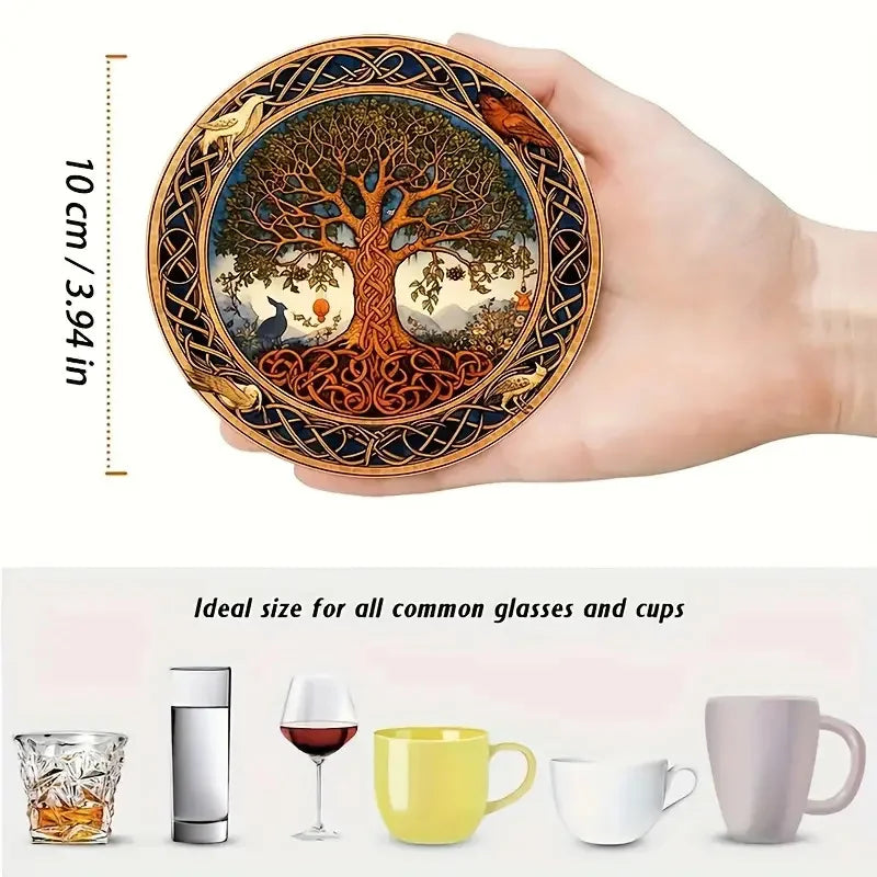 Art-Painted Wooden Coasters Set – 8pcs Colorful Heat-Resistant Non-Slip Table Placemats