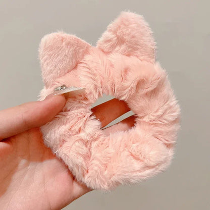 Korean Plush Cat Ear Scrunchies - High Elastic Hair Ties - BeeTrendyShop.COM