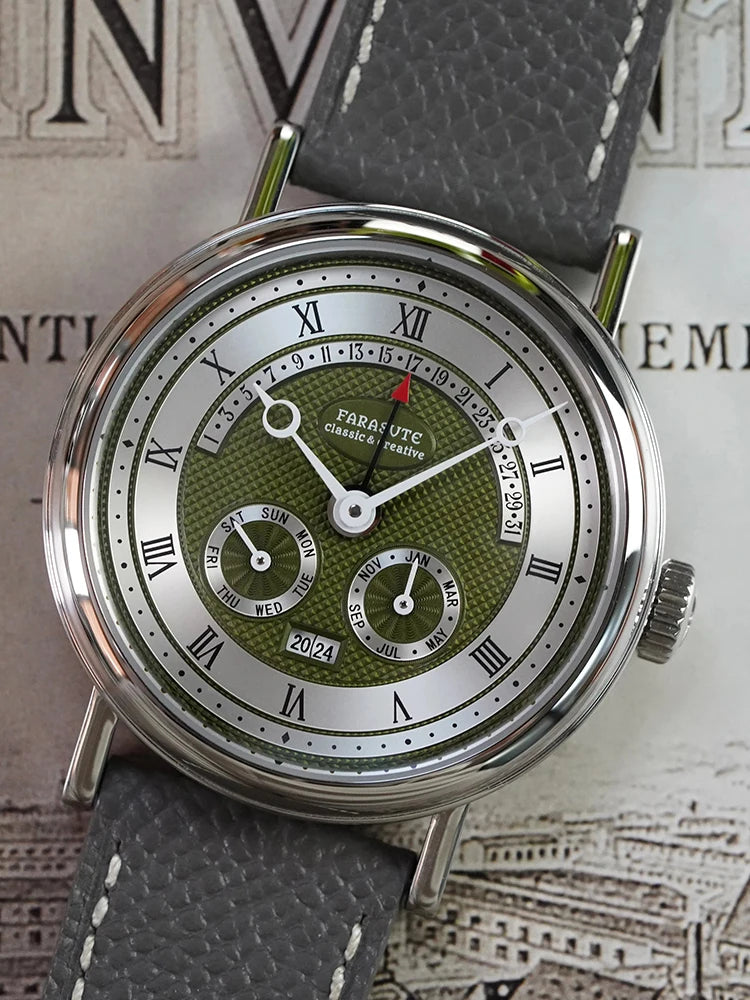 FARASUTE Men's Mechanical Watch Flyback Function Seagull Movement Month Display Week Display Calendar YearDisplay Sapphire Watch