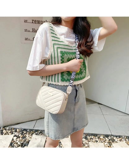 High quality women's PU rolling strip camera bag shoulder bag mobile phone bag casual crossbody bag - BeeTrendyShop.COM