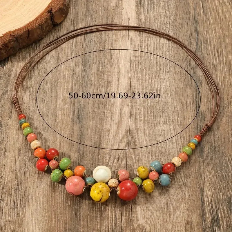 Colorful Handmade Ceramic Necklace – Multilayer Boho Beaded Jewelry