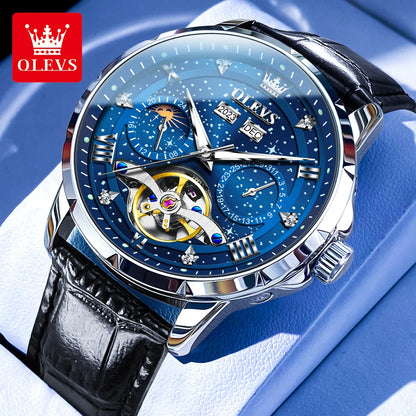 Luxury watch with blue face and black leather strap on a blue background, featuring the OLEVS brand.