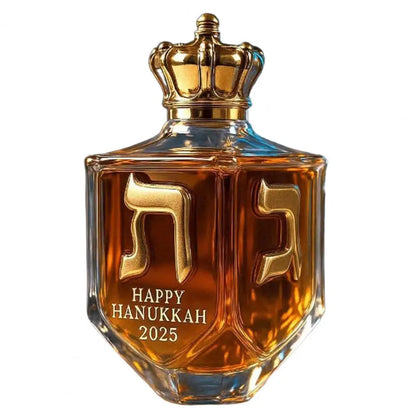 Hanukkah Whiskey Decanter Set – Gold Glass Bottle with Engraved Dreidel