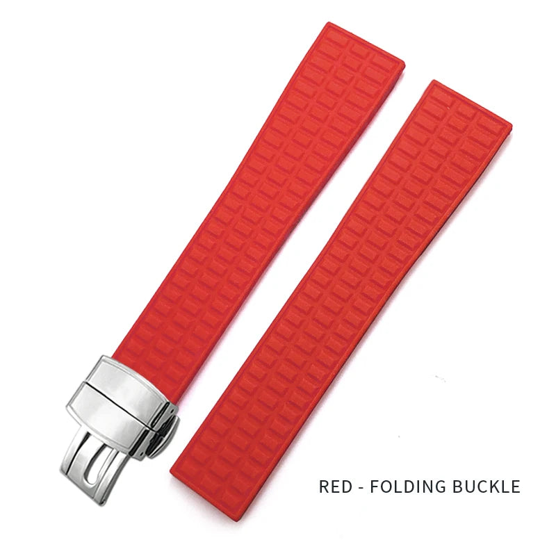 Red watch strap with silver folding buckle on a white background