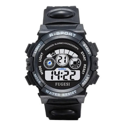 Black digital watch with multiple functions on a white background