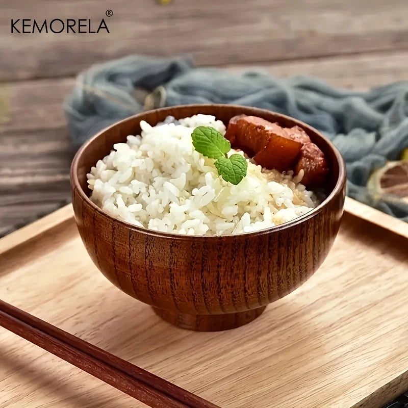 1PCS Natural Wooden Rice Bowl Household Salad Ice Cream Fruit Wooden Bowl Kitchen Food Storage Tableware