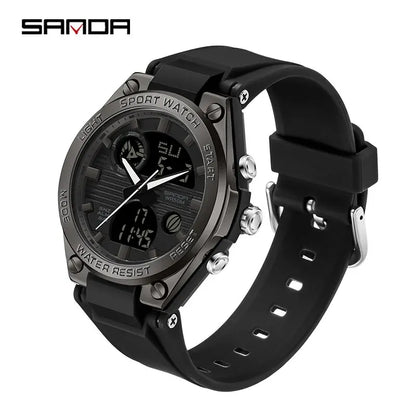 Black sports watch with digital and analog display on a white background, featuring the brand 'SANDA'.