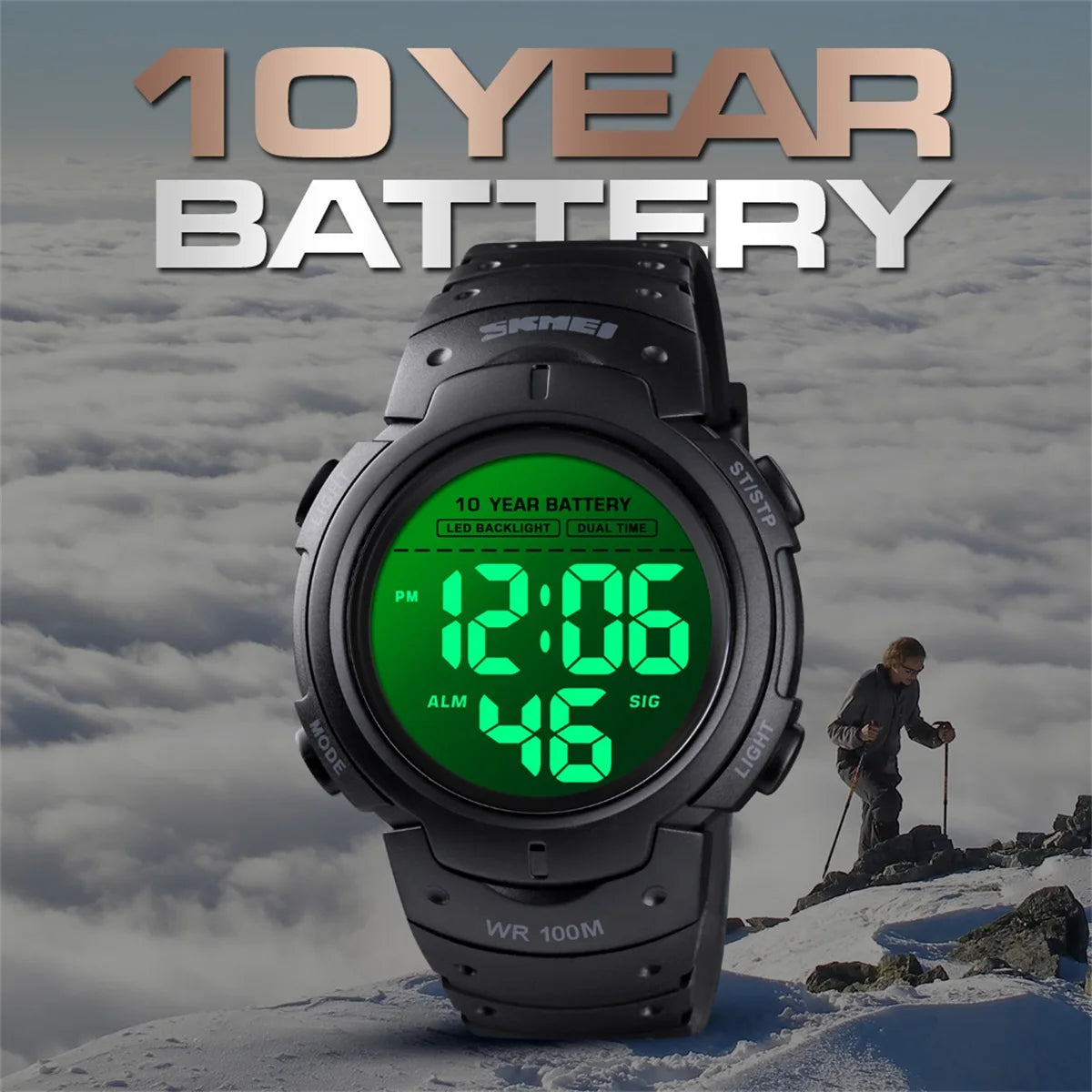 Digital watch with green display on a mountain background, emphasizing '10 Year Battery' feature.