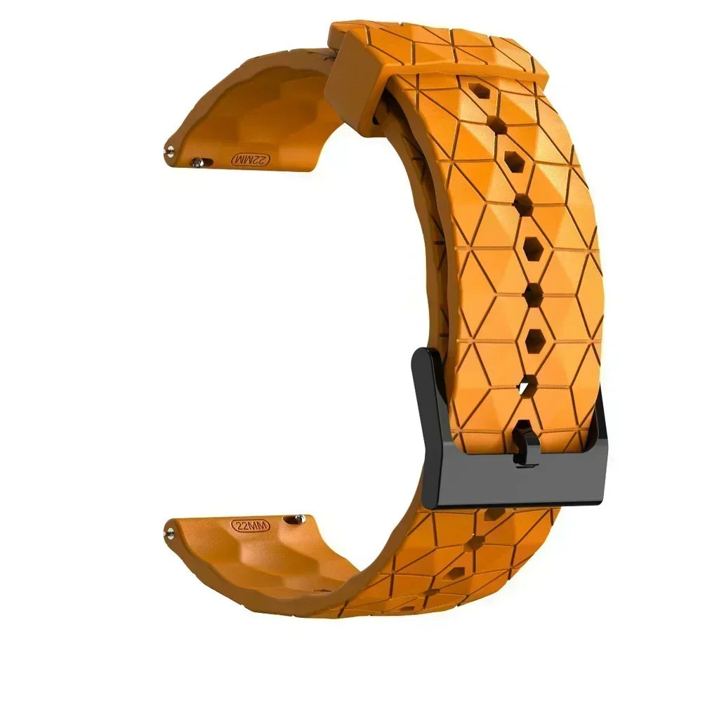 Orange geometric-patterned watch strap on a white background