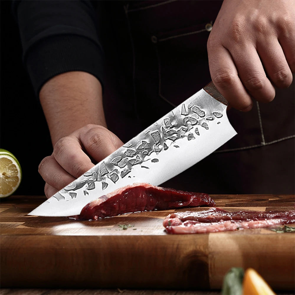 8inch Hammer Forged Japanese Chef Butcher Kitchen Knife with Solid Wood Handle Slicing Boning Sushi Meat Cutting Culinary Tool