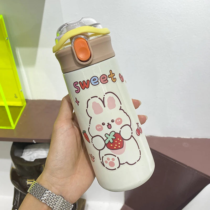 480ML Cute Thermos Bottle with Straw – Portable Kids Stainless Steel Thermal Mug