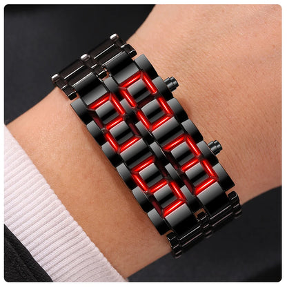 Fashion Mens Digital Lava Wrist Watch Men Black Full Metal Red Blue LED Display Watches Gifts for Male Boy Sport Creative Clock - BeeTrendyShop.COM