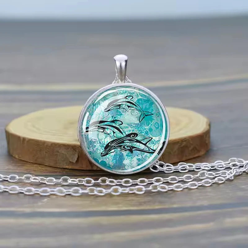 Ocean Marine Animal Glass Dome Pendant Necklace – Sea Turtle, Dolphin & Starfish Long Chain