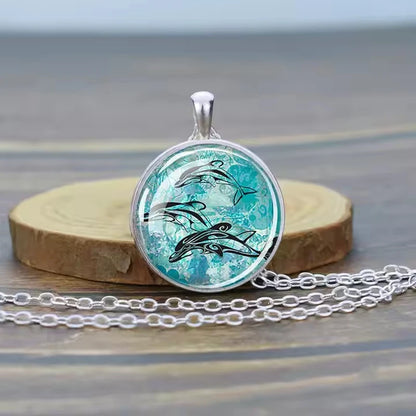 Ocean Marine Animal Glass Dome Pendant Necklace – Sea Turtle, Dolphin & Starfish Long Chain