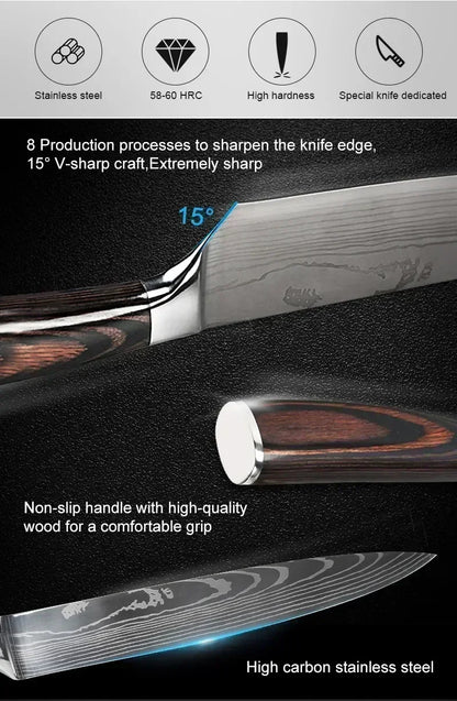 Laser Damascus Kitchen Knife Set – Cleaver, Santoku, Bread, Boning & Kitchen Scissors