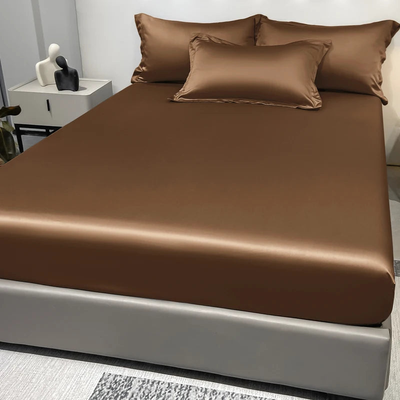 Modern Satin Ice Silk Solid Color Fitted Sheet – Smooth Bedroom Bedspread (Excluding Pillowcases)
