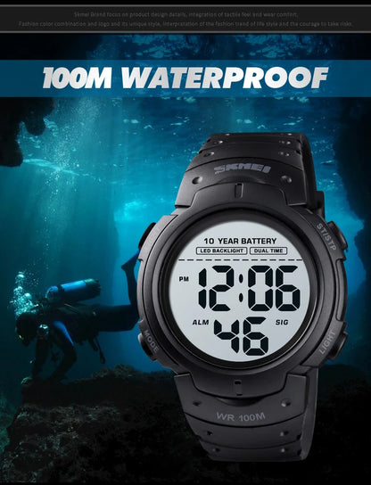 Men's Outdoor Digital Watch – 100M Waterproof, LED, 10-Year Battery, Alarm & Date Display
