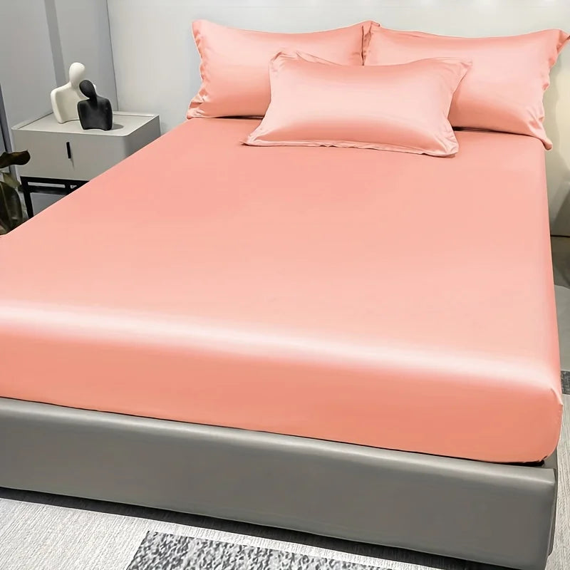 Modern Satin Ice Silk Solid Color Fitted Sheet – Smooth Bedroom Bedspread (Excluding Pillowcases)