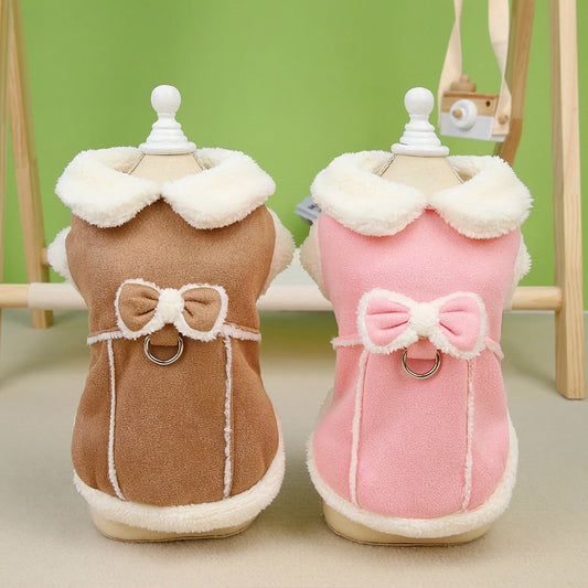 Cozy Winter Dog Jacket with Bow - Warm Plush Coat for Small Dogs
