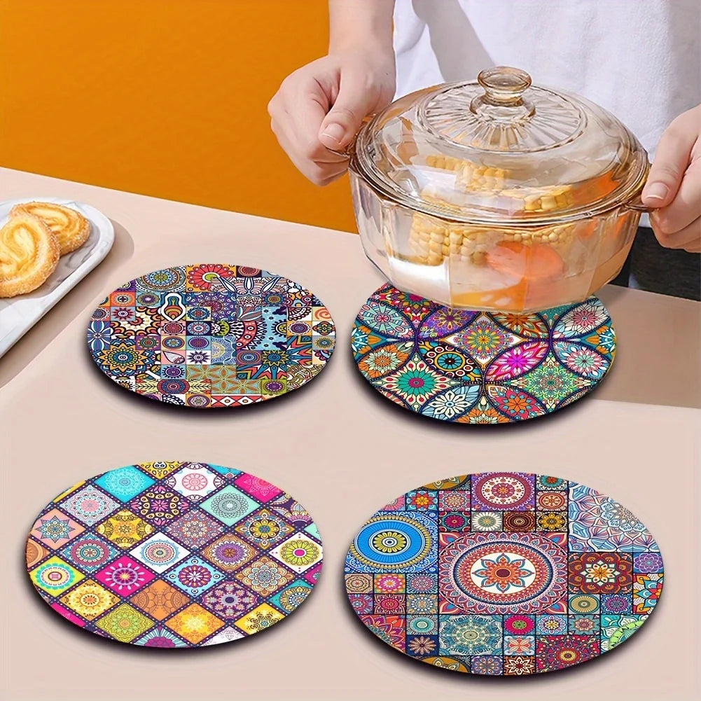 Mandala Wooden Placemats Set – 4pcs Durable Heat-Resistant Non-Slip Table Mats for Home & Office