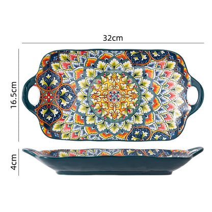 Bohemian Retro Ceramic Dinner Plate Set – Household Tableware with Salad & Soup Bowls
