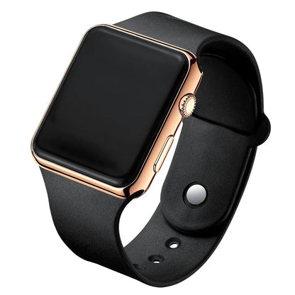 Smartwatch with black screen and rose gold frame on a white background