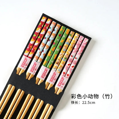 5-Pair Cute Multi-Color Bamboo Chopsticks Set – Non-Slip Household Wooden Tableware