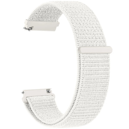 White woven watch strap with metal clasp on a white background