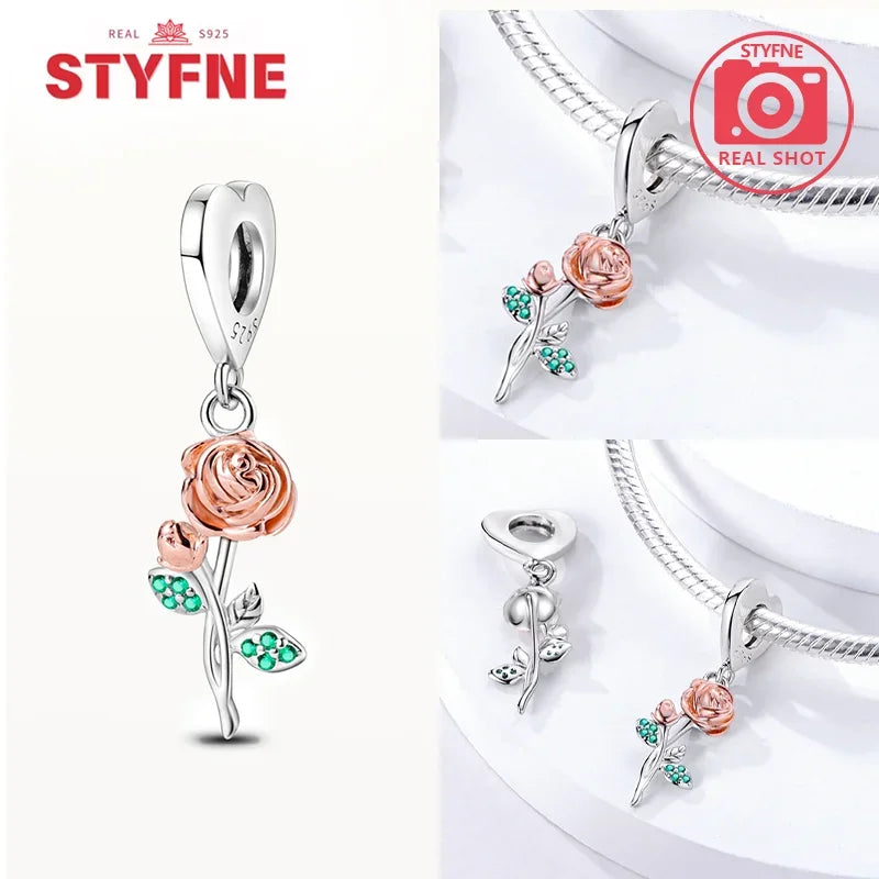 925 Silver Rose Pink Flower Shiny  Zircon Charm Beads For Original Charms Original Bracelet for Women DIY fine Jewelry Gift
